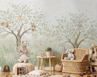 Kids Cute Forest Animals Wallpaper | Soft Pastel Meadow Wallpaper Mural