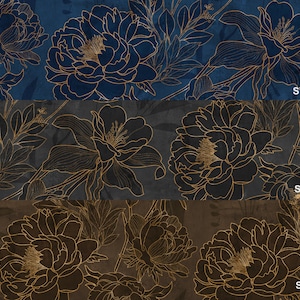 May include: Three different styles of floral wallpaper featuring a gold outline of peonies on a dark blue, gray, and brown background. The text "STYLE 1", "STYLE 2", and "STYLE 3" is visible at the bottom of each section.