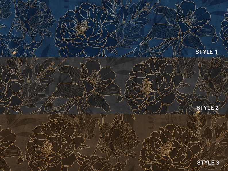 May include: Three different styles of floral wallpaper featuring a gold outline of peonies on a dark blue, gray, and brown background. The text "STYLE 1", "STYLE 2", and "STYLE 3" is visible at the bottom of each section.
