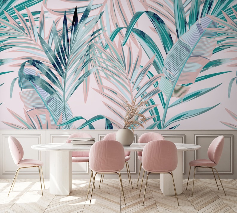 Leaf Wallpaper Peel and Stick Soft Pink Tropical Leaves Wall Etsy