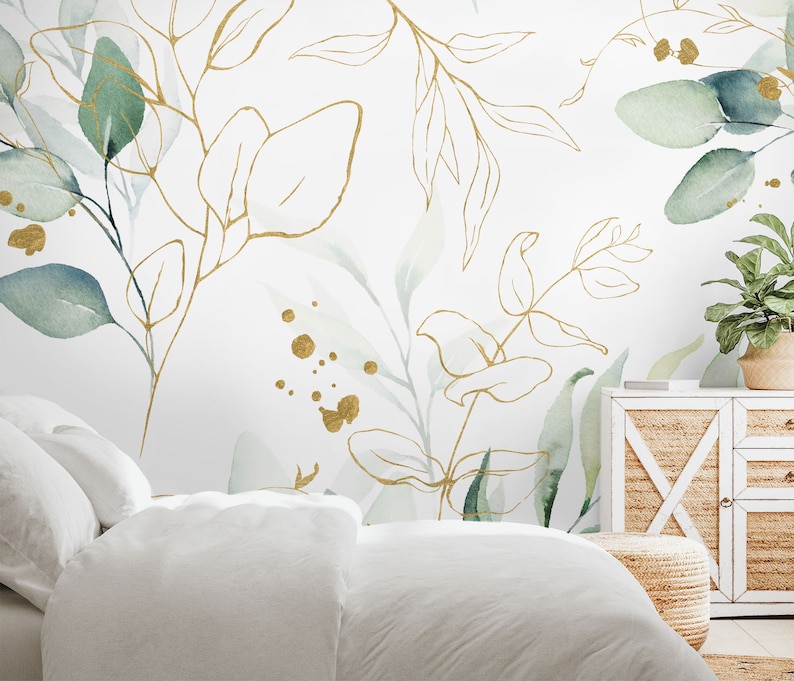 Watercolor Eucalyptus Leaf Wallpaper Peel and Stick Soft Green Leaves Wall Mural image 5