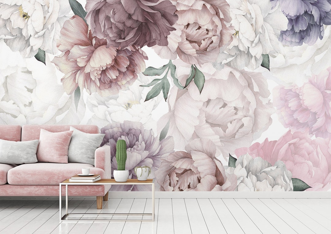 Peony Wallpaper Watercolor Soft Floral Wall Mural Peel and Stick - Etsy