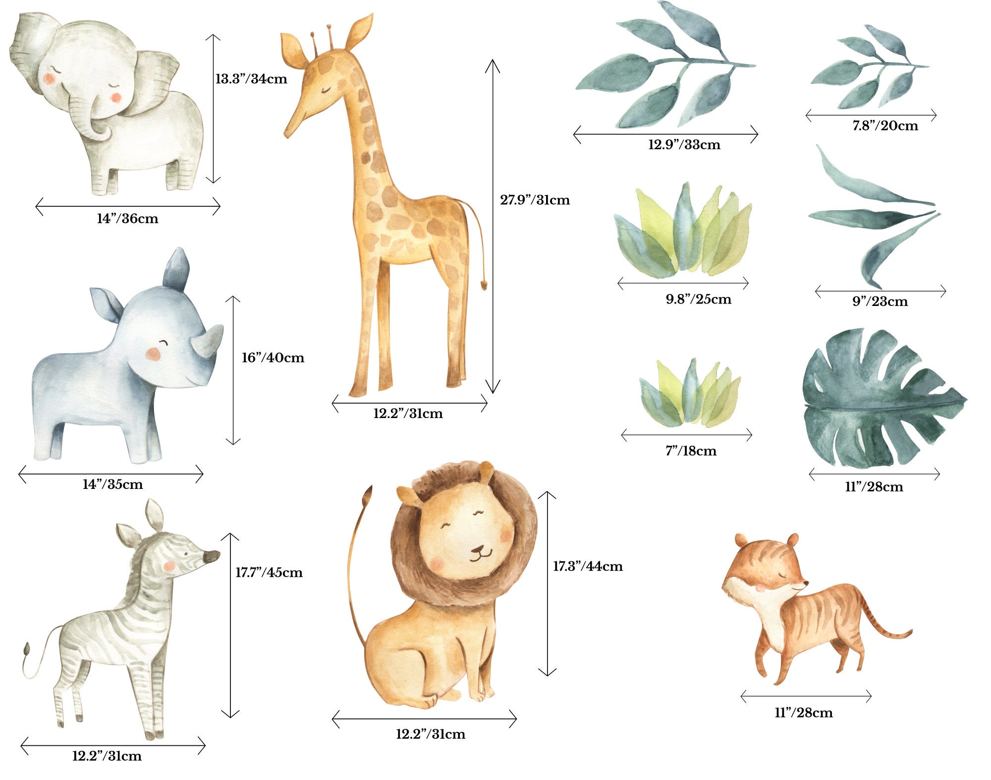 Kids Nursey Safari Animals Wall Decal | Watercolor Jungle Animals Wall ...