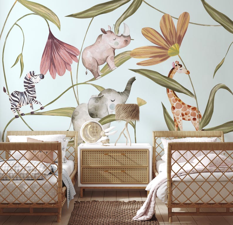 Kids Wallpaper Peel and Stick Safari Animals With Flowers Wall Mural - Etsy