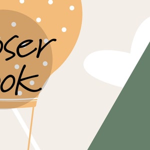 May include: A light brown hot air balloon with white polka dots and the text "Closer Look" in black. The balloon is floating in the air above a green triangle and white clouds.
