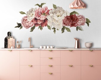 Qfei Peony Flowers Wall Decals, Floral Wall Stickers, Rose Flowers Wall Art Poster, Blossom Pink Flower Wallpaper, Removable Floral Wall Decor Sticker