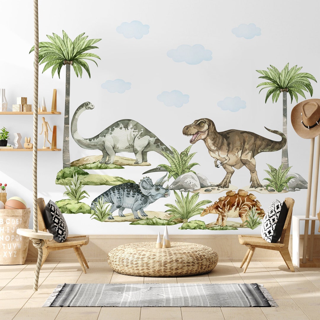 Watercolor Dinosaurs Wall Decal | Kids Trex Wall Sticker | Nursery ...