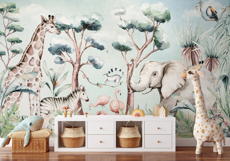 Kids Wallpaper Peel and Stick | Safari Animals and Flamingo Wall Mural ...