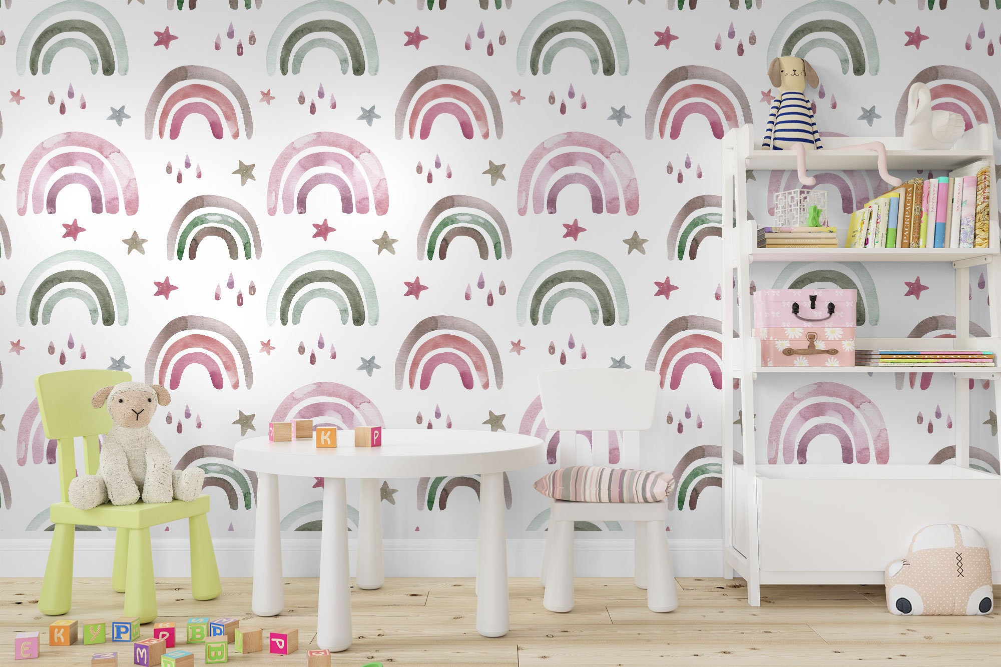 Kids Wallpaper Peel and Stick Nursery Soft Colorful Rainbow and Rain ...
