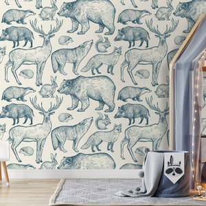Carta da parati con animali per bambini stacca e incolla/murale con disegno di animali nordici