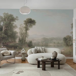 Oil Painting Serene Nature Landscape Wallpaper Vintage Forest Lake Scene Wall Mural Romantic Countryside View Peel and Stick Wallpaper
