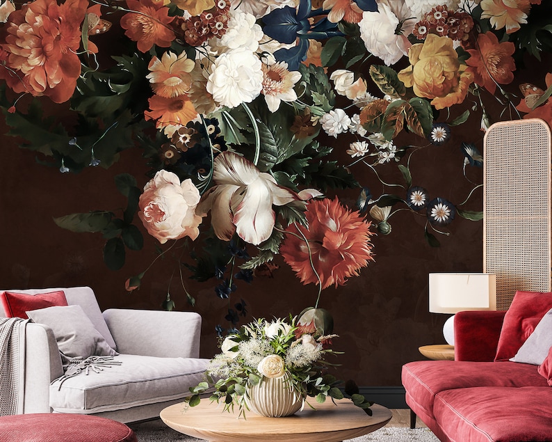 Dark Floral Wallpaper Peel and Stick Dutch Flower Wall Mural Etsy