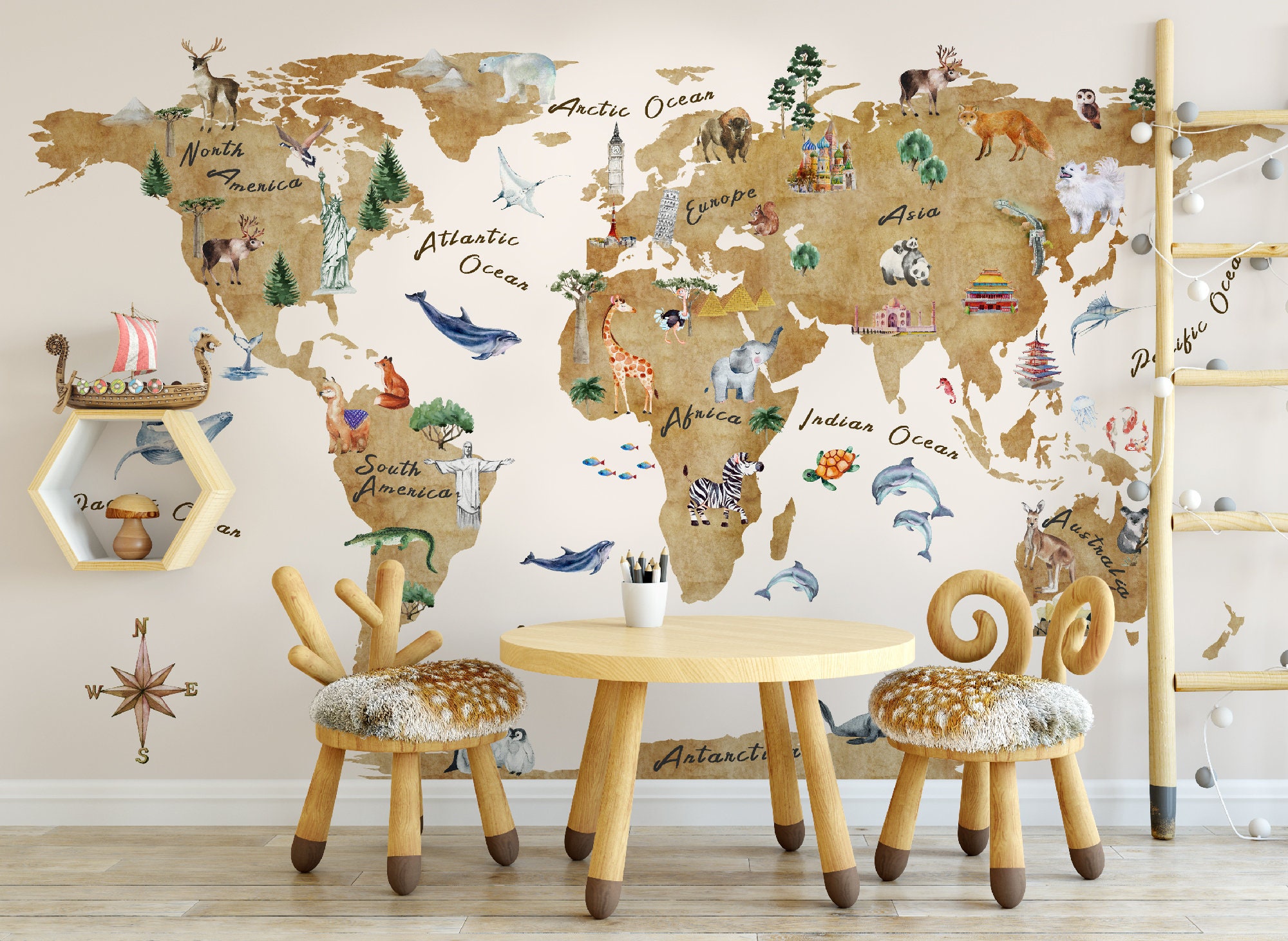 Kids World Map Wallpaper for Kids Watercolor Map Wall Mural Peel and ...