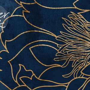 May include: Abstract floral pattern with gold outlines on a dark blue background. The pattern features stylized flowers with intricate details.