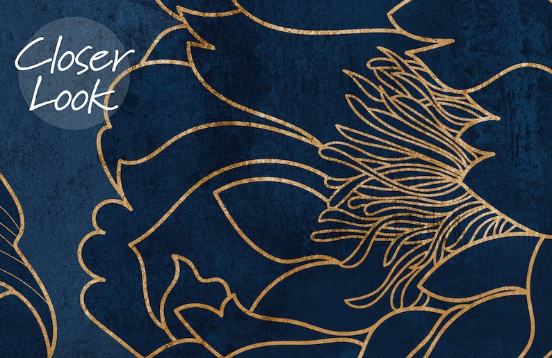 May include: Abstract floral pattern with gold outlines on a dark blue background. The pattern features stylized flowers with intricate details.