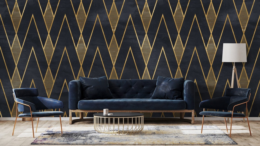 Art Deco Geometric Wallpaper | Peel and Stick | Gold Faux Triangle Wall ...