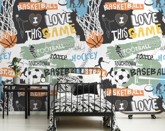 Peut inclure: Un fond blanc avec des illustrations colorées de différents sports, dont le basket-ball, le football, le baseball, le football américain et le hockey. Les mots "J'aime ce jeu" sont répétés dans tout le design.