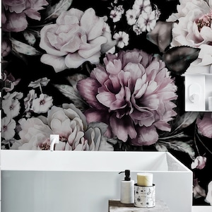 Carta da parati floreale scura Murales con peonia acquerello staccabile e incollata