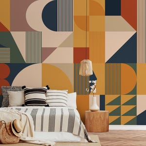 Contemporary Art Wallpaper Peel and Stick | Vintage Color Geometric Wall Mural | Modern Square Wall Mural
