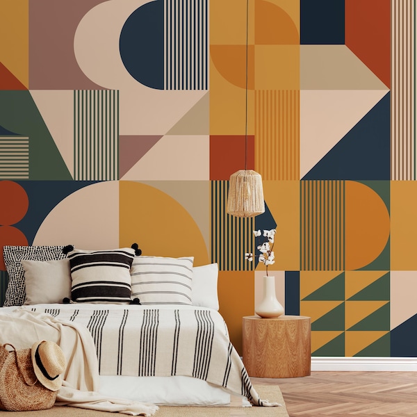 Contemporary Art Wallpaper Peel and Stick | Vintage Color Geometric Wall Mural | Modern Square Wall Mural