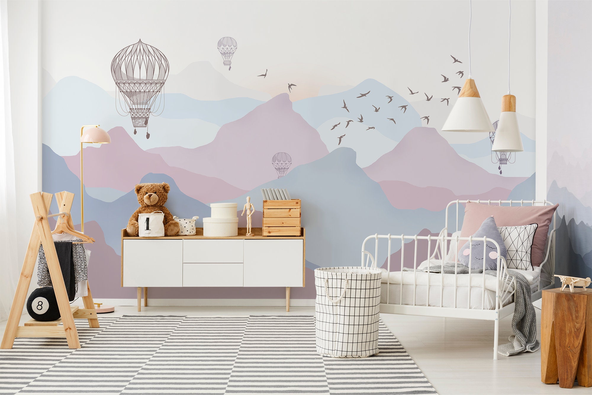 Kids Mountain Wallpaper for Nursery Landscape With Hot Air Balloons ...