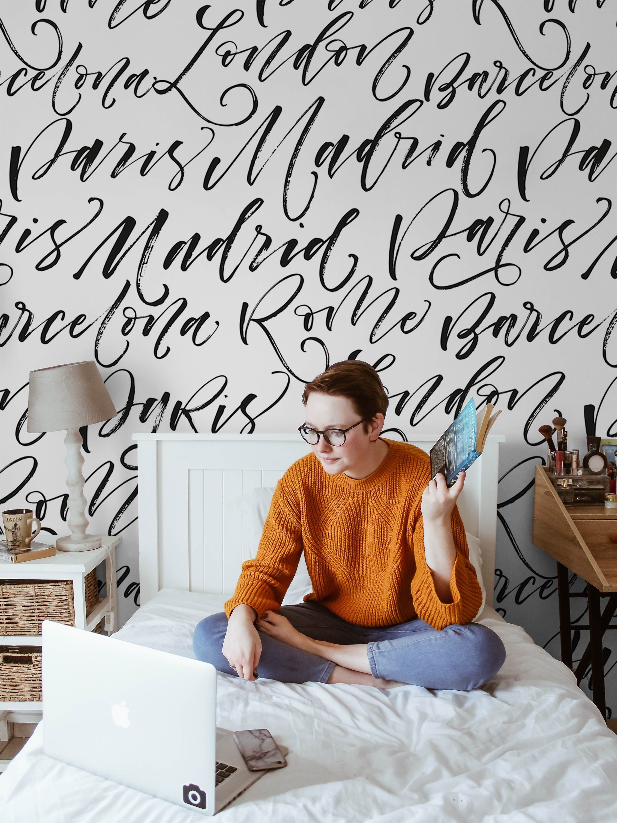 Hand Drawn Script Wallpaper Peel and Stick | City Name Calligraphy Wall ...