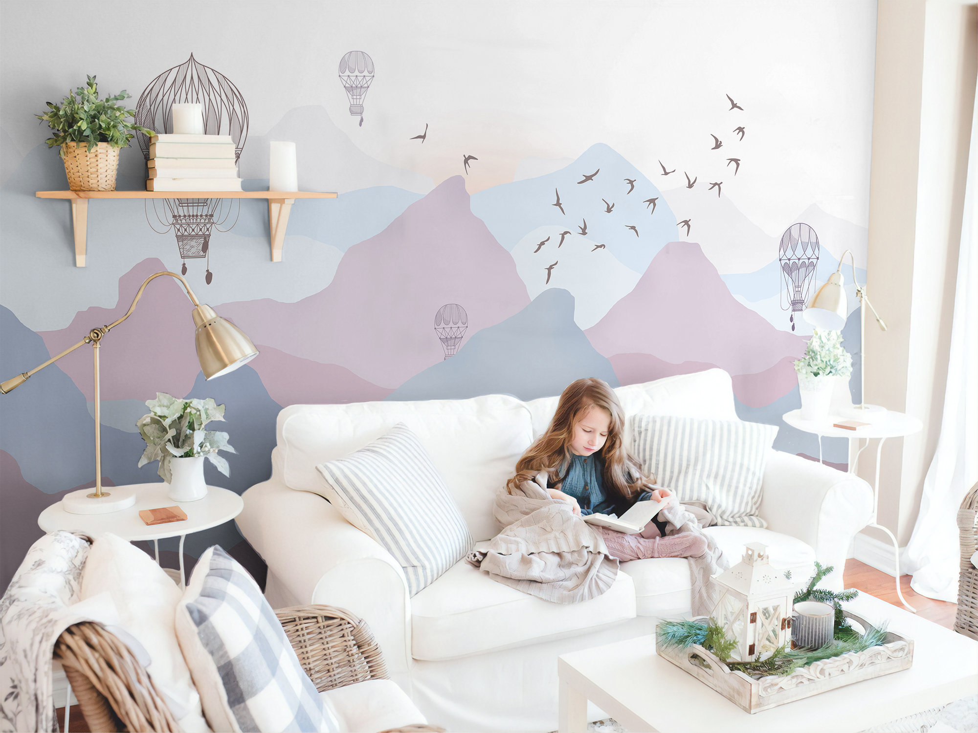 Kids Mountain Wallpaper for Nursery Landscape With Hot Air Balloons ...