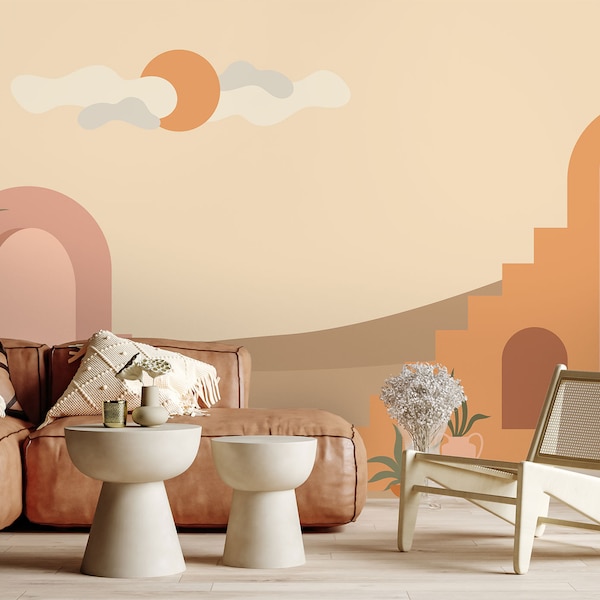 Abstract Art Wallpaper Peel and Stick Boho Desert with Stairs Wall Mural