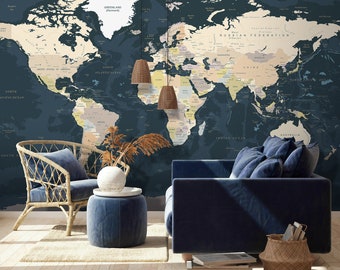 Dark Political Map Wallpaper Peel and Stick | World Map Wall Murals