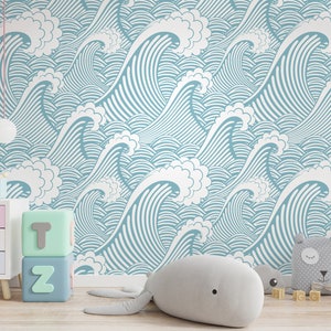 Wave Wallpaper Peel and Stick | Pink Blue Ocean Waves Wall Mural - Etsy