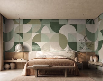 Soft Abstract Geometric Shapes Wallpaper | Pastel Green Minimalist Circle Wall Mural