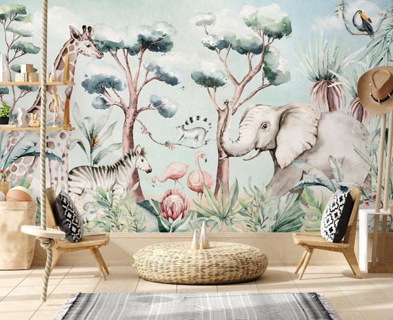 Kids Wallpaper Peel and Stick Safari Animals and Flamingo - Etsy 日本