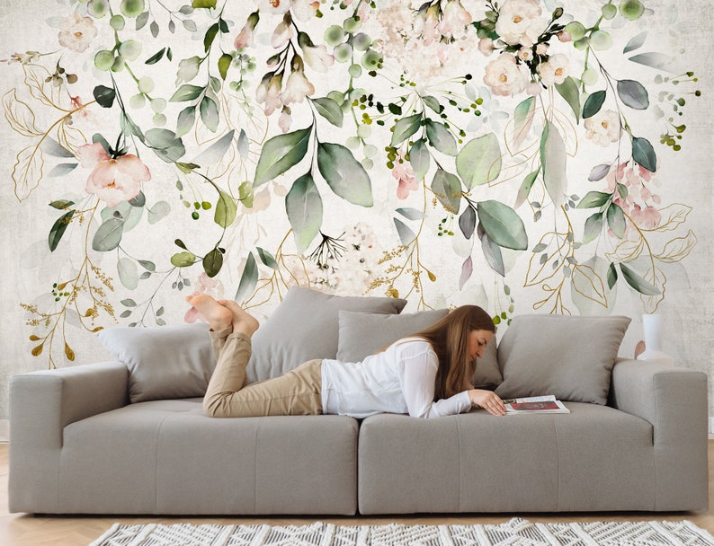 Leaf Wallpaper Peel and Stick Watercolor Green Leaves With Etsy