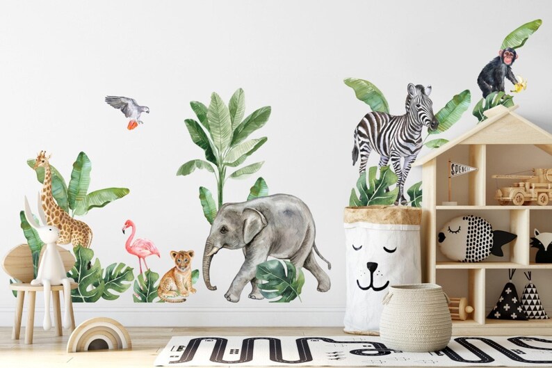 Kids Wall Decal Peel and Stick Cute Safari Animals Wall | Etsy