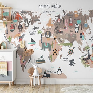 Kinder Karte Wallpaper | Cartoon Tiere Kinderzimmer Weltkarte Wandbild | Niedliche Zeichnung Tier Reise Welt Karte Wallpaper