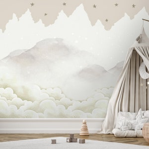 Vivero montaña paisaje fondo de pantalla / acuarela niños habitación estrella y nubes pelar y pegar
