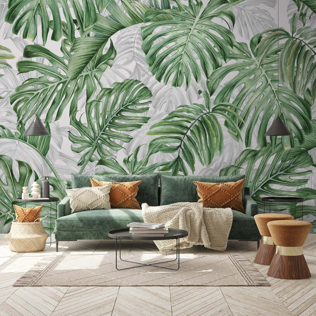 Leaf Wallpaper Peel and Stick Watercolor Tropical Leaves Wall Mural - Etsy