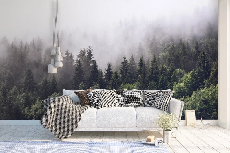 Misty Forest Landscape Wallpaper Peel and Stick Wall Mural - Etsy