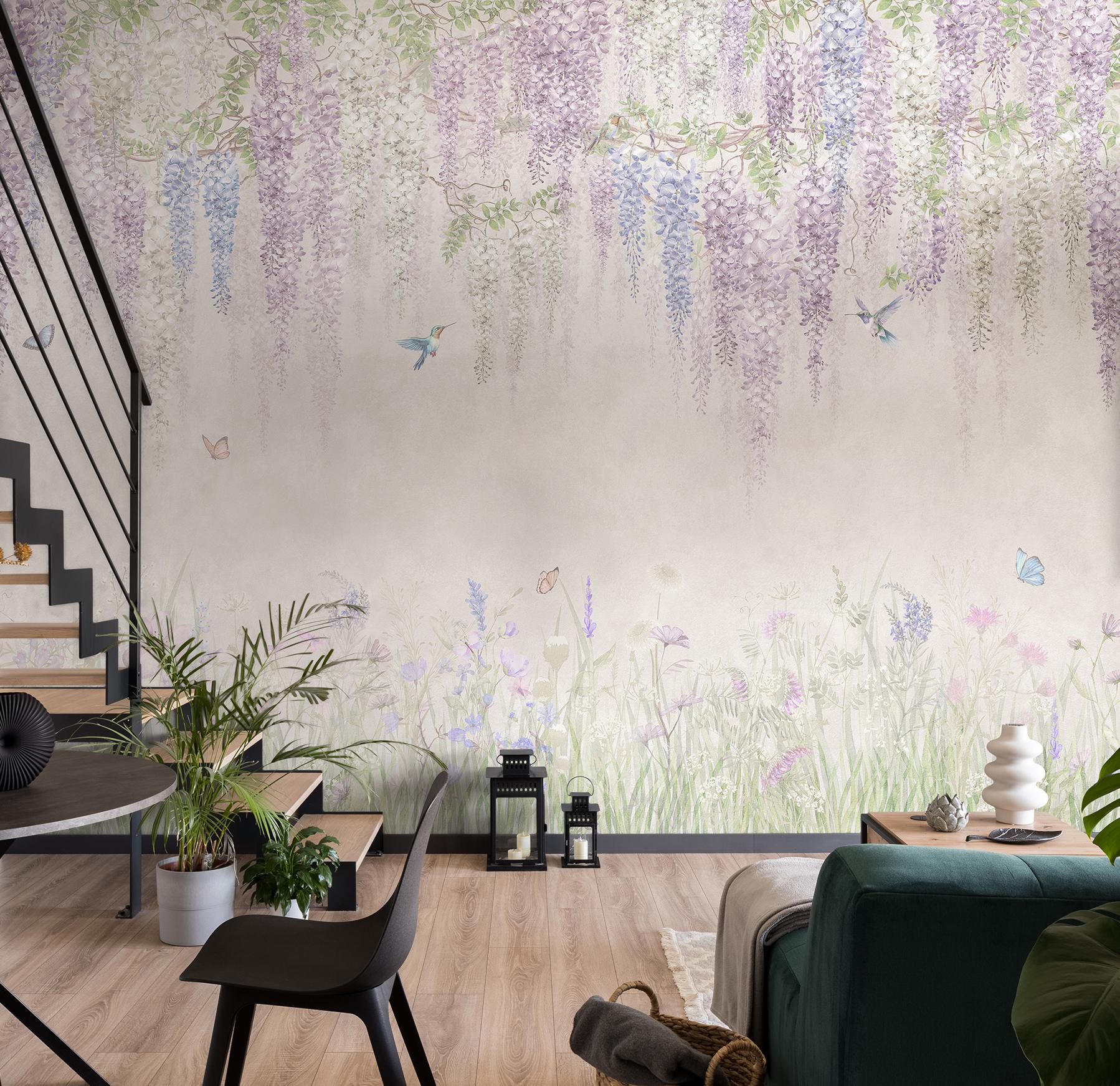Vintage Wisteria Floral Wall Mural Hanging Flowers With Hummingbirds ...