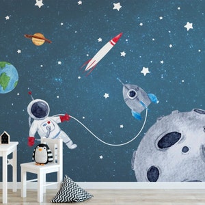 Carta da parati per bambini Stacca e incolla Carta da parati ad acquerello Spazio con astronauta