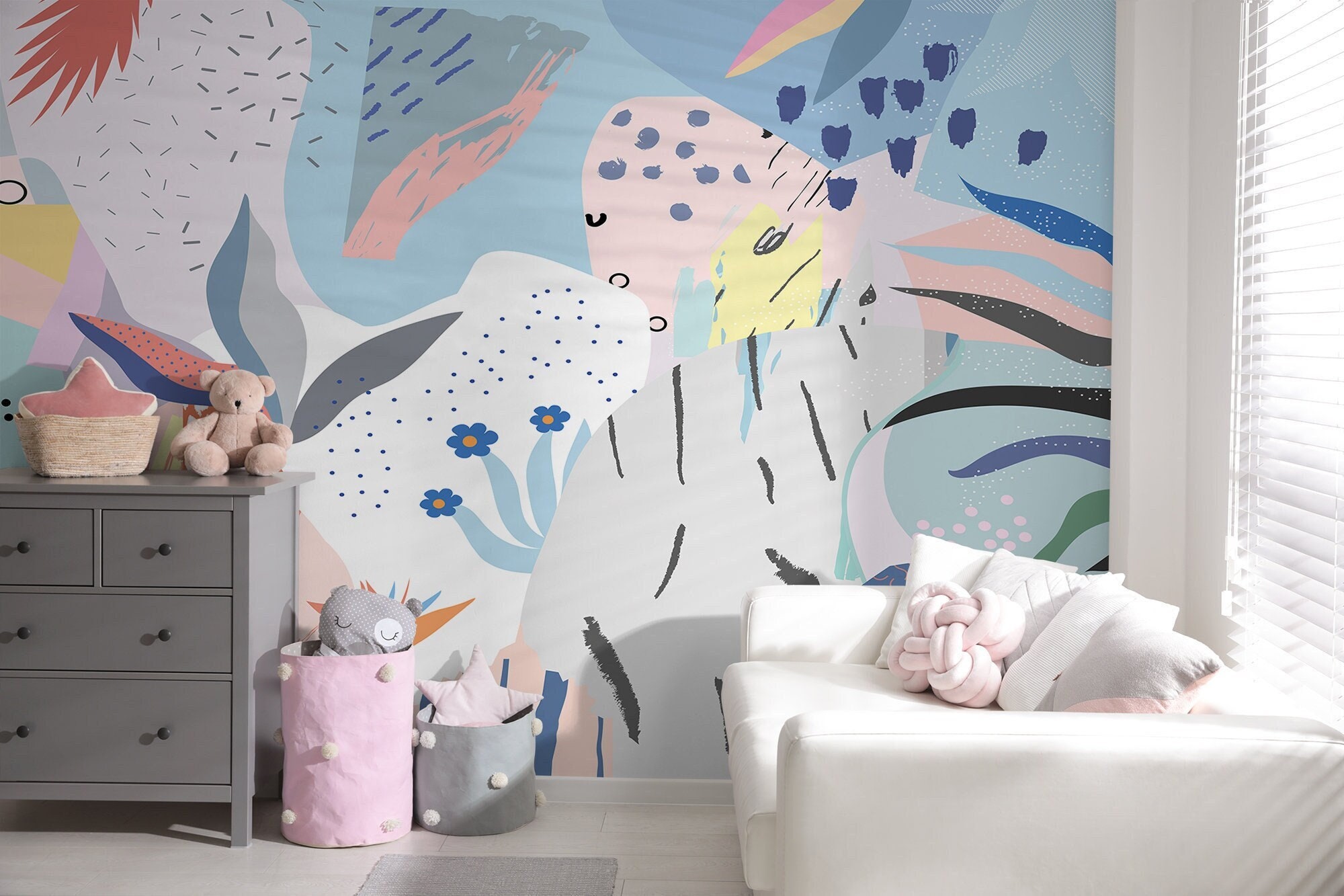 Abstract Wallpaper Pink and Blue Shapes and Leaves Tropical Modern  Minimalistic Peel and Stick Self Adhesive Removable Wall Mural 