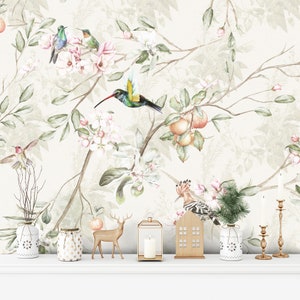 Floral Wallpaper Vintage Blossom with Birds Wall Mural Peel and Stick