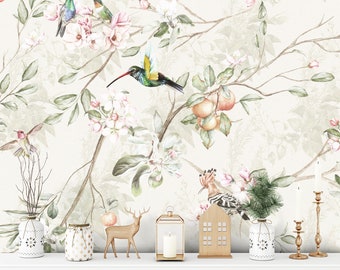 Floral Wallpaper Vintage Blossom with Birds Wall Mural Peel and Stick