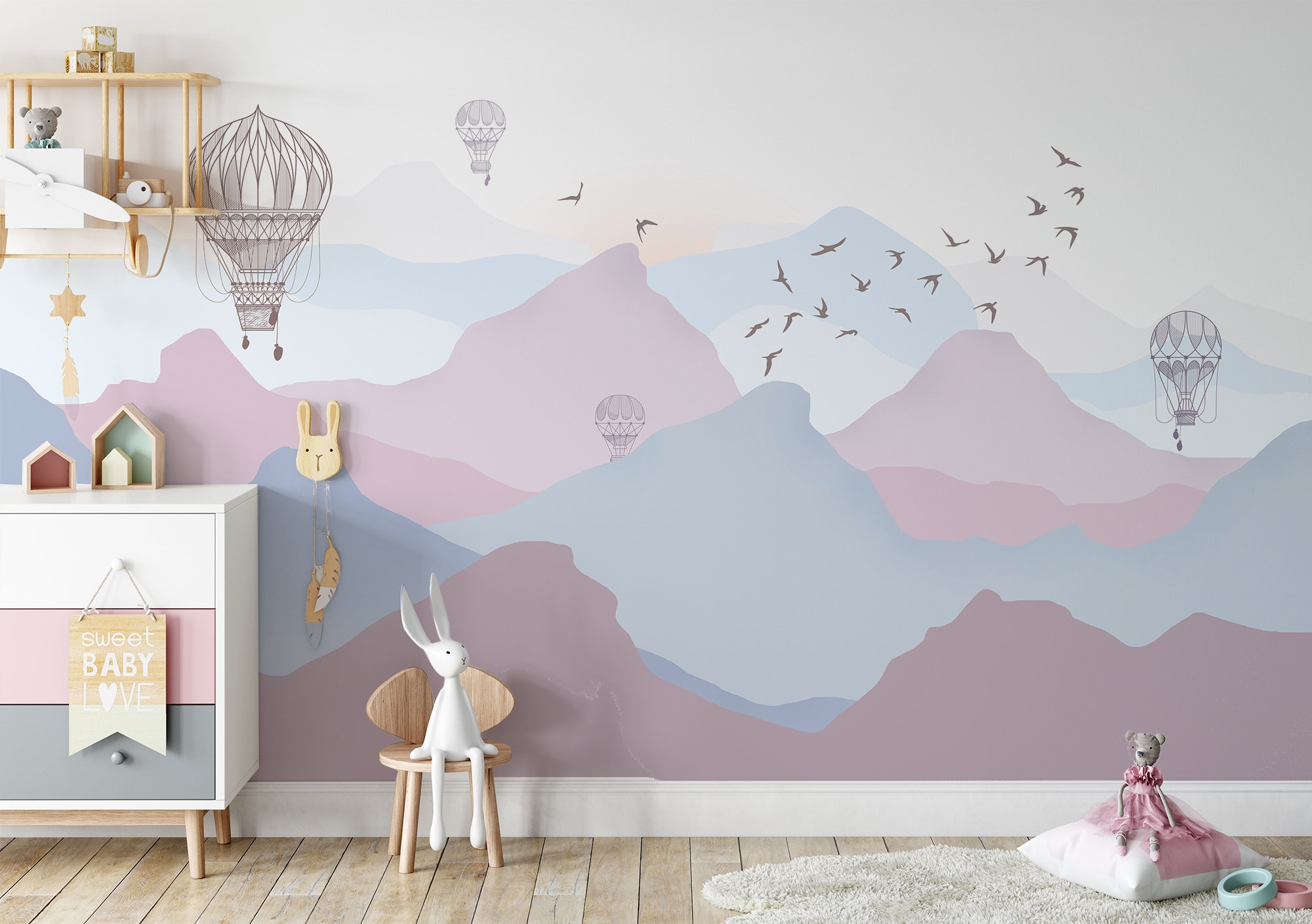 Kids Mountain Wallpaper for Nursery Landscape With Hot Air Balloons ...