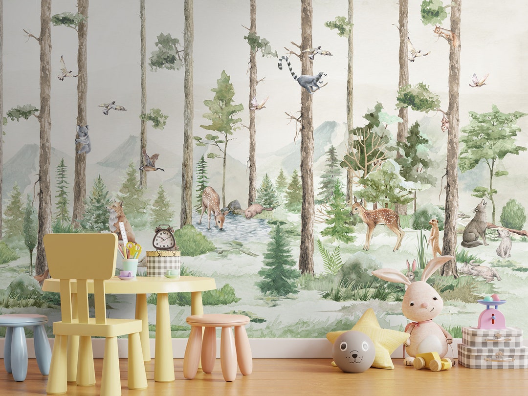 Watercolor Kids Forest Wallpaper Peel and Stick Nursery Cute Animals ...