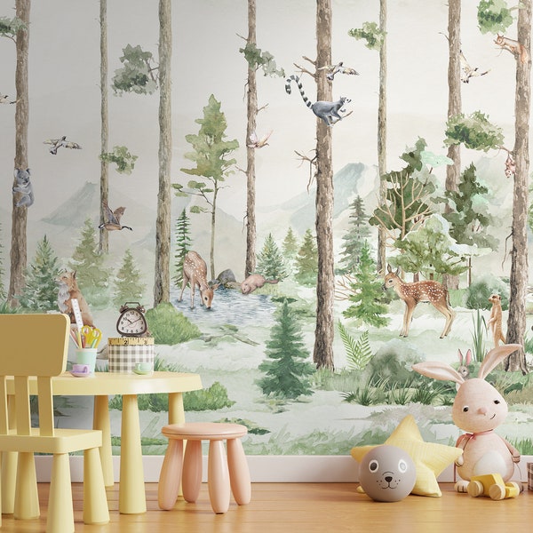 Watercolor Kids Forest Wallpaper Peel and Stick Nursery Cute Animals Jungle Wall Mural