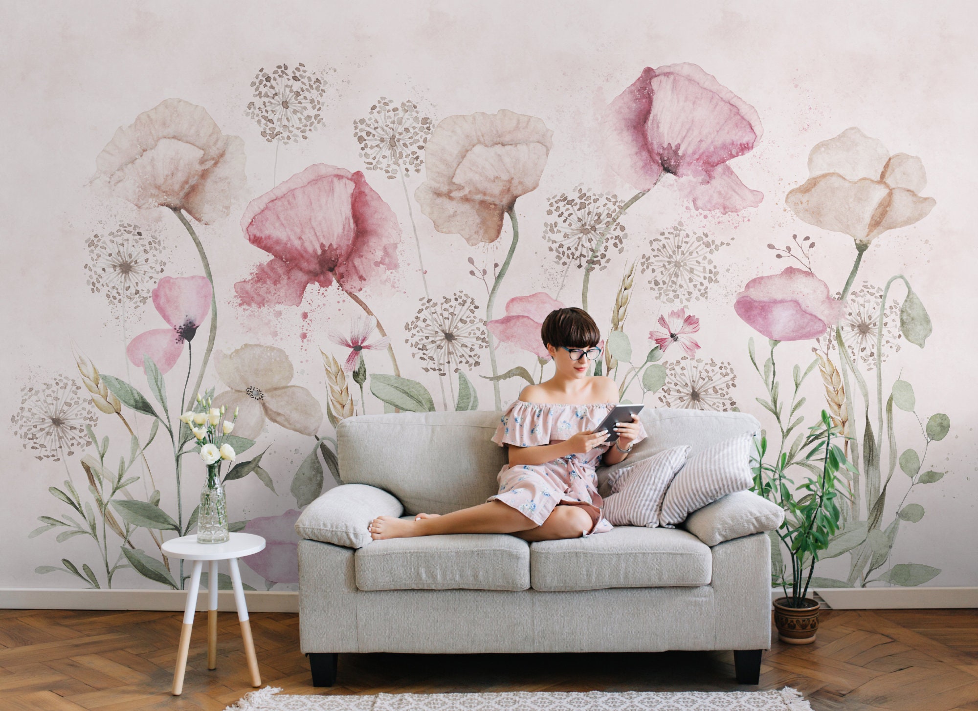 Watercolor Poppy Floral Wallpaper | Hand Paint Soft Flower Peel and ...