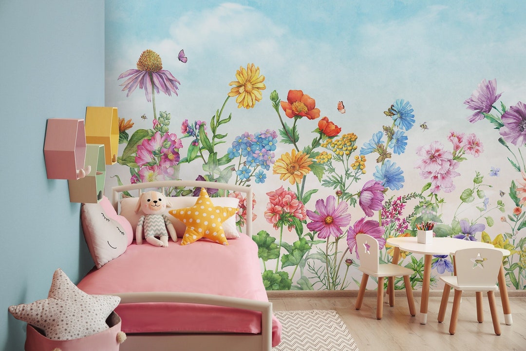 Kids Soft Light Pink / Blue Wildflowers Floral Pattern Wallpaper Mural