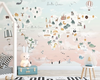 Kids World Map Wallpaper | Colorful Nursery Map Wall Mural | Watercolor Cute Animals Map Peel and Stick