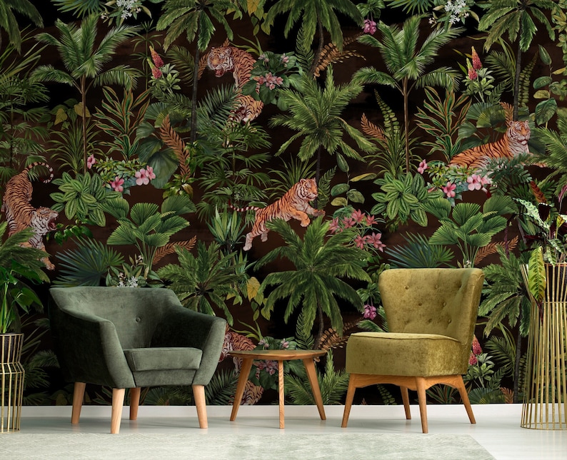 Vintage Botanical Wallpaper Peel and Stick Dark Tropical Plants With ...